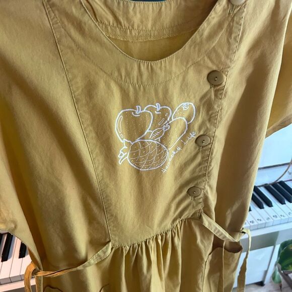 Vintage Boho Prairie Yellow Mustard Midi Dress with Fruit Healthy Life Logo M - Picture 7 of 16